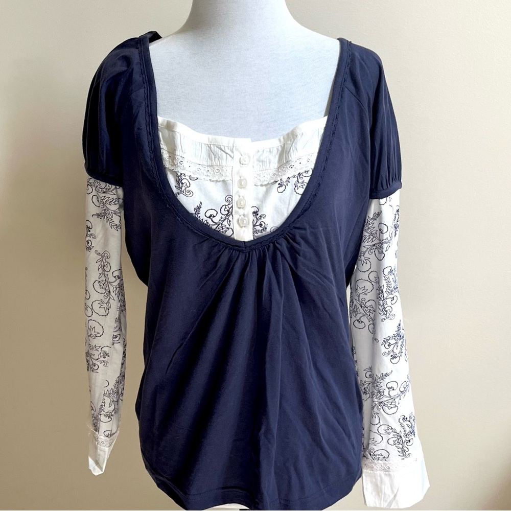 NWOT Women’s Cotton Blouse Size L Navy Blue & White Layered One Piece